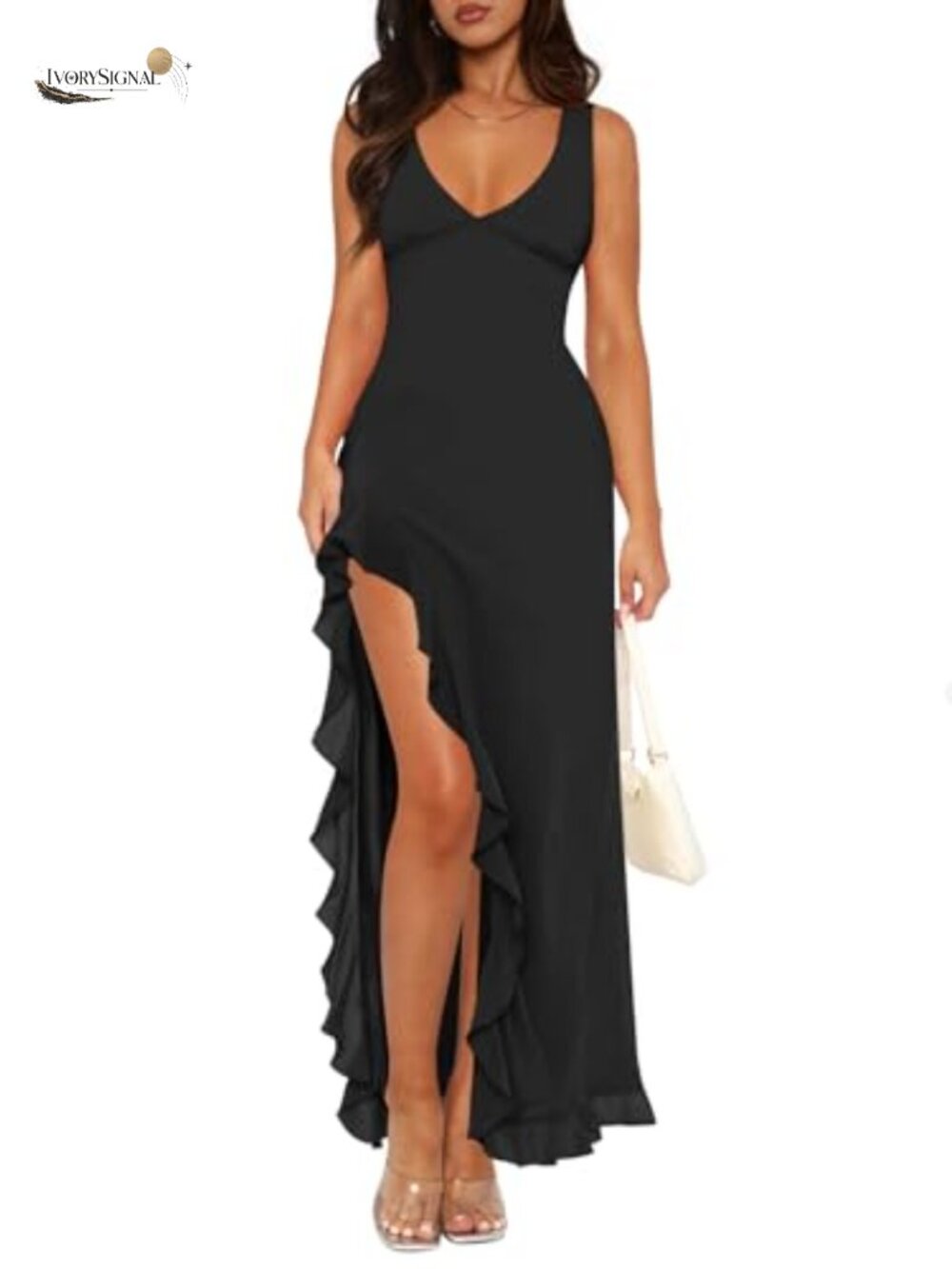 Sexy Mesh Maxi Dress Sleeveless V-Neck Backless High Slit